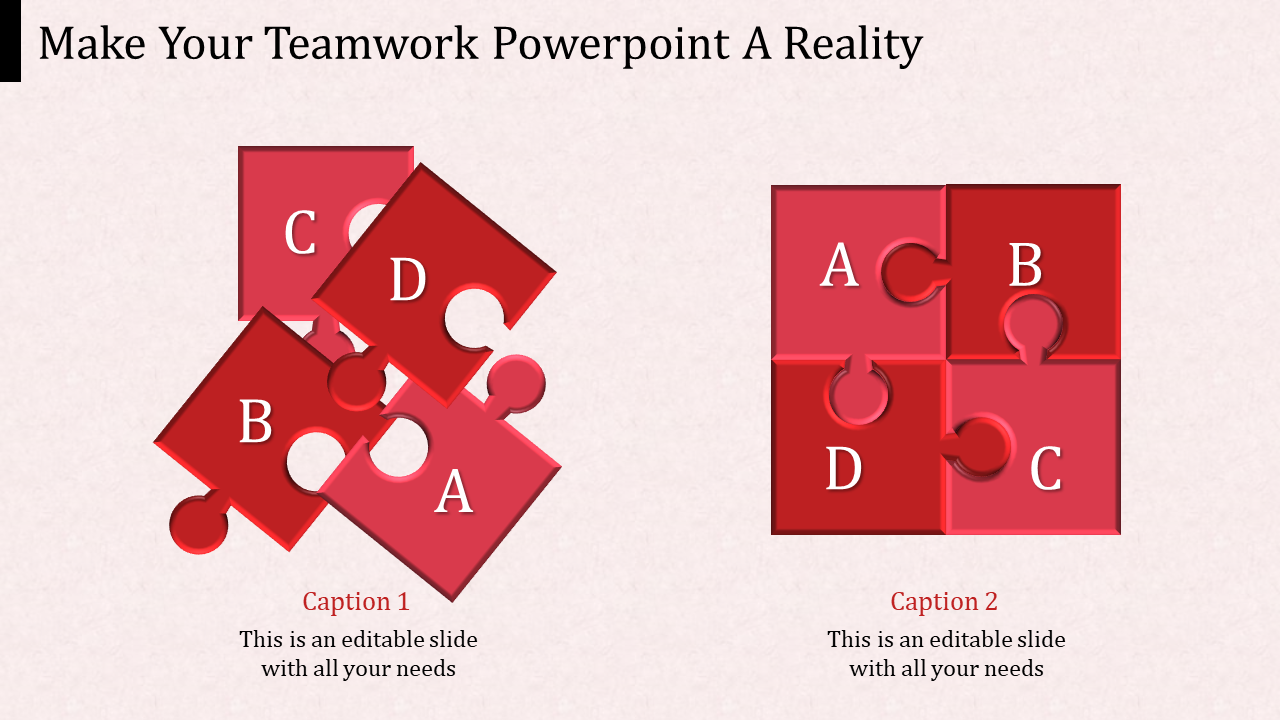 Teamwork PPT Slides In Red Color Puzzle Design